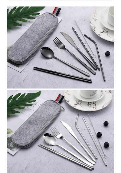 Valkyrie 8 Parça Çantalı Yolculuk Çatal Bıçak Kaşık Pipet Chopstick Seti Kamp Okul Ofis Tatil Paslanmaz Çelik Metal Metalik
