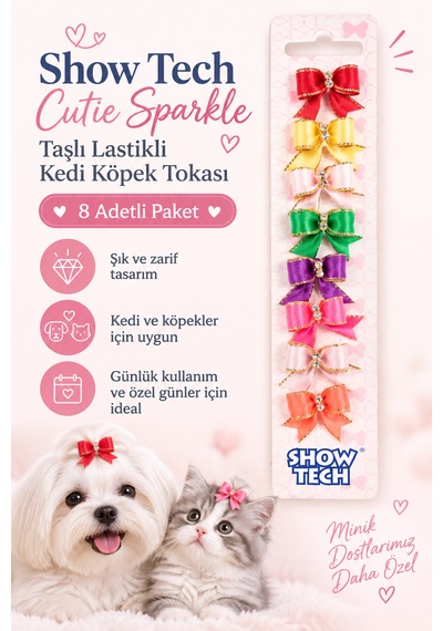 Show Tech Cutie Sparkle Taşlı Lastikli Kedi Köpek Tokası 8 Adetli Paket