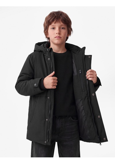 Koton Uzun Kollu Çıtçıtlı Cepli Slim Fit Kapşonlu Mont Siyah 7wkb00008tw