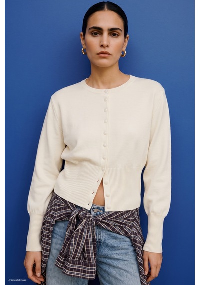 Sateen Düğmeli Hırka - Ekru-137857