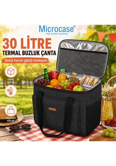 Microcase 30 Lt 5 Gözlü Termos Çanta Isı Yalıtımlı Piknik Kamp Plaj Balıkçı Soğutucu Çanta Al5648 Siyah