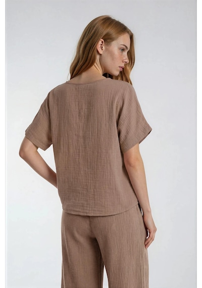 Vitrin Kısa Kol Oversize Keten Bluz CAMEL