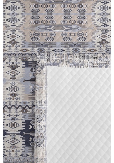 Geometrik Bohem Mavi Tek Kişilik Pike Takımı - Etnik Modern Gri 160x220 Cm Kapitone Yatak Örtüsü Lavantaımsı Kum Aralığı