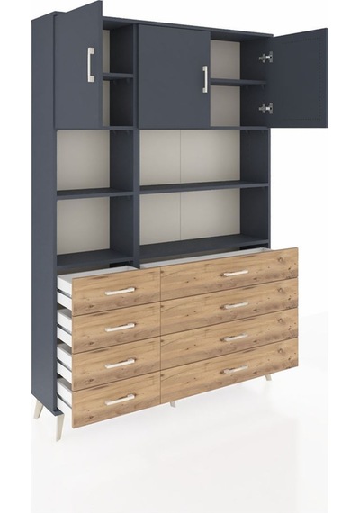 Arges Dolap 8 Raflı 8 Çekmeceli 3 Kapaklı 132x30x195 Antrasit-antrasit/çam Antrasıt/atlas Çam