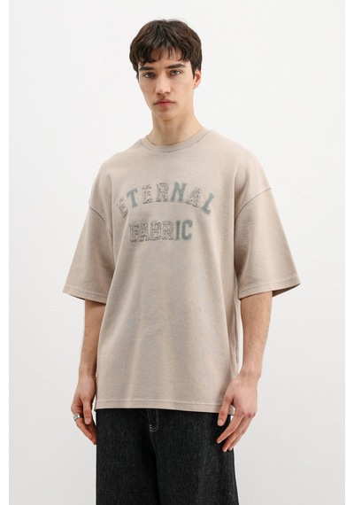 Vamos Oversize Baskılı Tişört V70-148 Bej