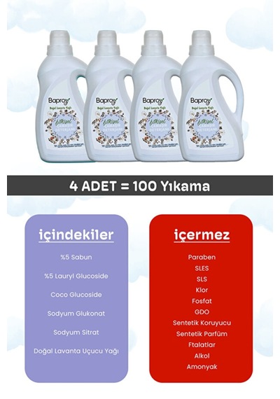 Baproy Bitkisel Çamaşır Deterjanı 1 Lt Doğal Lavanta Yağlı X 4 Adet 4 L