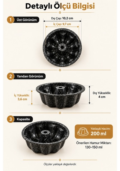 Mini Taç Kek Kalıbı 10 Cm, Granit Kaplamalı Porsiyonluk Tekli Kek Kalıbı Siyah