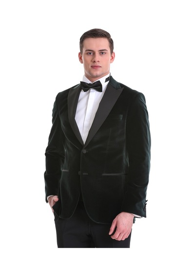 Hatemoğlu Yeşil Slim Fit Düz Sivri Yaka Kadife Klasik Smokin Damatlık 3312 Yeşil