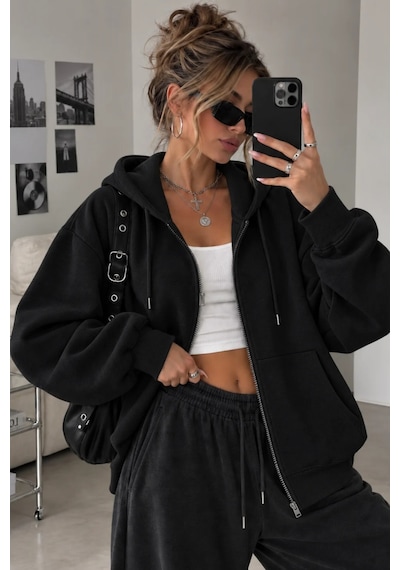 Cool Tarz Kadın Oversize Kapüşonlu Fermuarlı Sweatshirt 3 İplik Şardonlu Cepli Siyah Siyah Cool Tarz Kadın Oversize Kapüşonlu Fermuarlı Sweatshirt 3 İplik Şardonlu Cepli Siyah Siyah