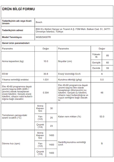 Bosch WGB25400TR Serie 8 10 KG 1400 Devir Çamaşır Makinesi