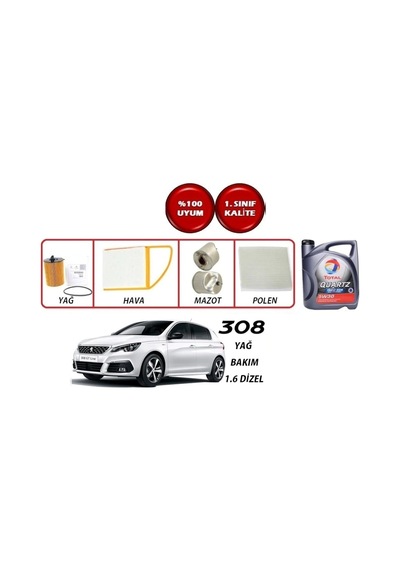 Total Quartz Ineo Ecs 5W-30 Motor Yağı 4 L + Peugeot 308 1.6 Dizel Yağ Bakım Seti