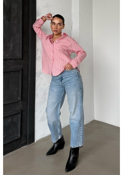 Madmext Pembe Çizgili Cepli Kadın Gömlek Mg2345 Pembe