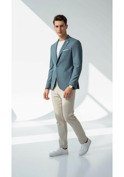 Plus Scorpion Erkek Slim Fit Blazer Ceket Tek Düğmeli Çift Yırtmaçlı Torba Cepli Yarım Astarlı Zümrüt Mavisi