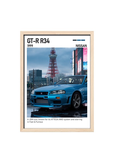 Nissan R34 Gt R Ahşap Çerçeveli Poster Tablo Skyline Ikonik Tasarım Ahşap 01