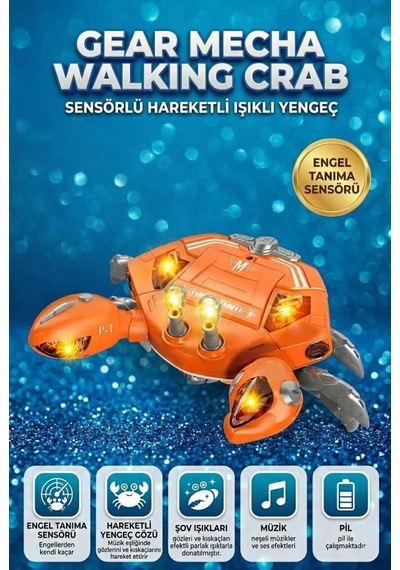 Işıklı, Pilli, Müzikli, Yürüyen, Engellerden Kaçan Mekanik Kıskaçlı Akıllı Yengeç Oyuncak Turuncu