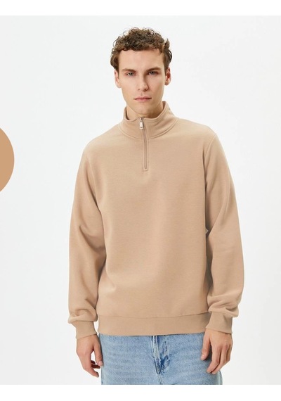 Barlashive Erkek 3 İplik Pamuklu Uzun Kol Yarım Farmuarlı Yakalı Sweatshirt - Bej Çok Renkli