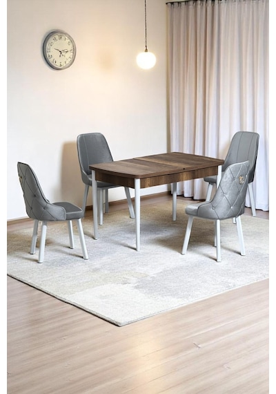 Monera Ceviz 80 X 132 Açılabilen Sunta Masa Metal Ayaklı Mutfak Masası Takımı 4 Gri Sandalye Monera Ceviz 80 X 132 Açılabilen Sunta Masa Metal Ayaklı Mutfak Masası Takımı 4 Gri Sandalye