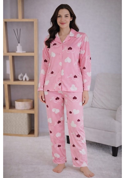 Pemilo Kadın 7120 Uzun Kol Düğmeli Pijama Takımı PEMBE