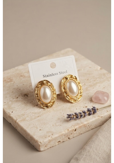 316l Gold Renk Gold Renk Vintage Beyaz İncili Model Küpe - Lisinya Altın