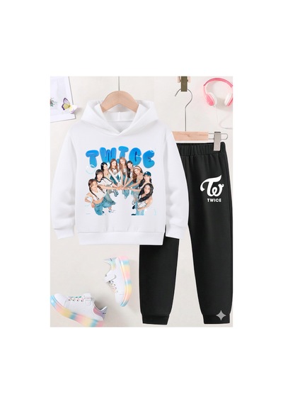 Stil X Twıce Baskılı Sweatshırt Takım / K Pop Beyaz-4
