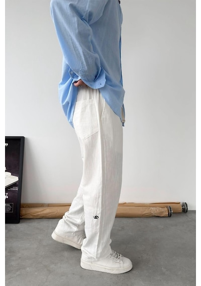 Beyaz Nakışlı Baggy Keten Pantolon Beyaz