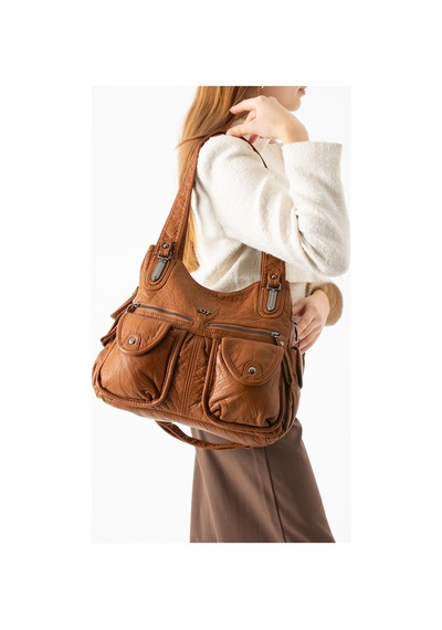 Yıkanmış Deri Çok Bölmeli Omuz Çantası Taba Model: 571-14-18a