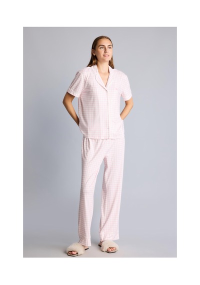 Defacto Regular Fit Kısa Kollu Pötikare Desenli Düğmeli Pijama Takımı H5759ax26aupn440 Pembe-pn440