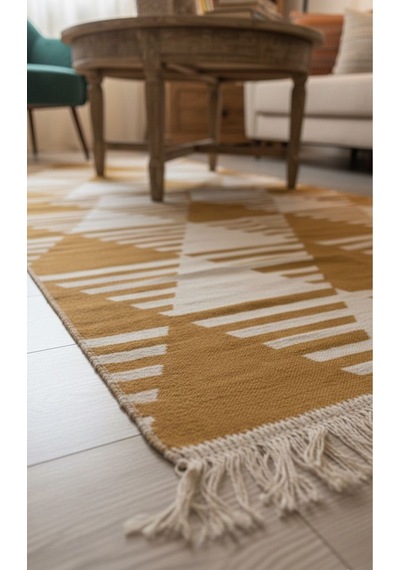 Hardal Geometrik Desenli Modern Kilim - Makinada Yıkanabilir Renkli