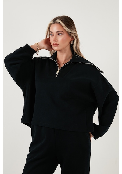Lela Pamuklu Oversize Fit Yarım Fermuarlı Yaka Uzun Kollu Triko Bayan Takım 68351218 Siyah Lela Pamuklu Oversize Fit Yarım Fermuarlı Yaka Uzun Kollu Triko Bayan Takım 68351218 Siyah