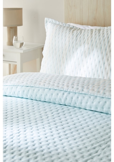 Ocean Home Textile Pamuklu Kapitoneli Açık Mavi Renk Çizgi Desen Çift Kişilik Yatak Örtüsü Seti 1 Adet 250 X 230 / 2 Adet 50 X 70 Cm