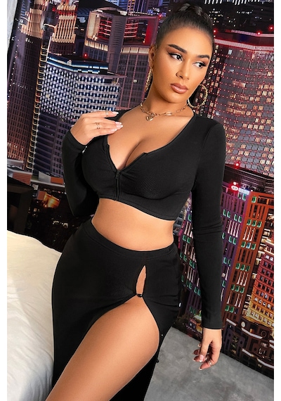 Angbutik Kadın Siyah Uzun Kol Göğüs Ve Göbek Dekolteli Fermuarlı Crop Top Bluz