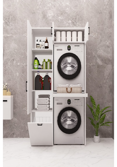 Mdf Çamaşır Makinesi Ve Kurutma Makinesi Dolabı Sepetli Beyaz