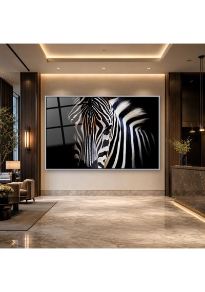 Karanlıkta Zebra Yakın Plan Gümüş Çerçeveli Cam Tablo