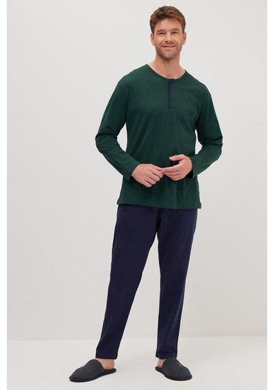 Tudors Erkek Standart Fit Normal Kesim %100 Pamuk Bisiklet Yaka Beli Lastikli Lacivert Pijama Takımı-37945 Lacivert