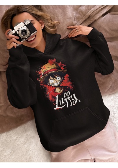 Sevbano Monkey D. Luffy Tasarım Baskılı Unisex Oversize One Piece Anime K Siyah