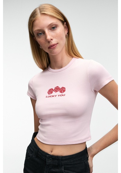 ETHIQUET NOVE E Kadın Bisiklet Yaka Kısa Kollu Önü Baskılı Crop Pembe T-Shirt