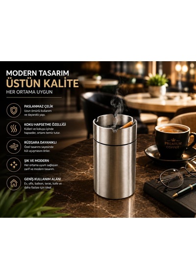Paslanmaz Çelik Dumansız Küllük - Rüzgara Dayanıklı Kapaklı Kül Tablası - Paslanmaz Çelik Oto, Modern Ofis, Ev Ve Balkon Tipi Küllük - Koku Hapsetme Özellikli