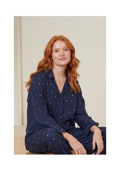 Laperissa Lacivert Kurdele/fiyonklu Ve Çiçekli Viskon Dokuma Pijama Takımı