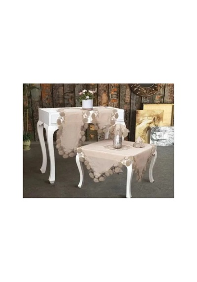 Salon Takımı 5 Parça Keten Dantelli Masa Örtüsü Runner Seti Çeyizlik Flowers Model No 9964 Kapiçino Bzckh593 Çok Renkli