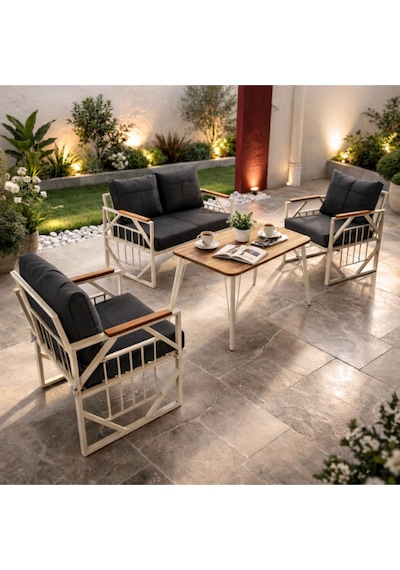 Violet Krem 2+1+1 Masalı Bahçe Oturma Grubu Minderli Metal Ahşap Detaylı Balkon Teras Takımı Antrasit