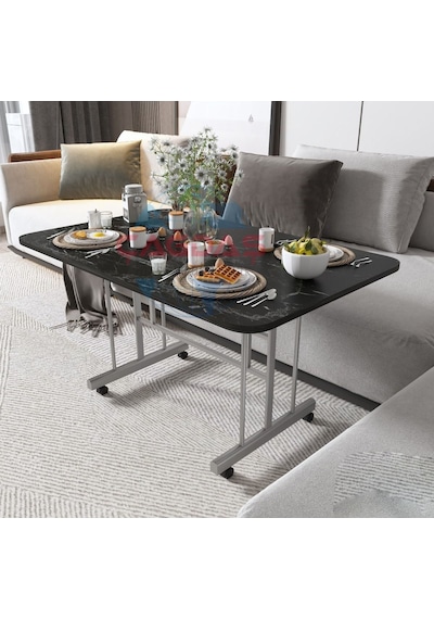 Metal Ayaklı Tekerlekli Ekonomik Orta Sehpa 70 X 110 Cm Siyah Mermer Siyah Mermer