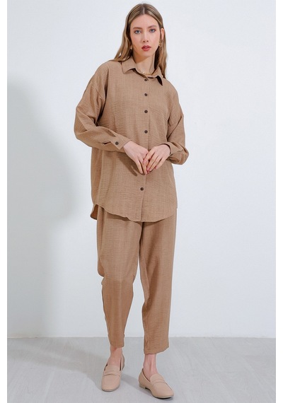 Bigdart Kadın Camel Oversize Keten Alt Üst Takım 6622 6622bgd19-278-14415 001