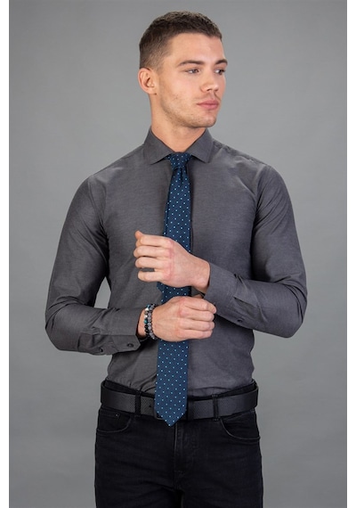 Tudors Modern Slim Fit Dar Kesim Armürlü Erkek Gömlek-15237 Gri