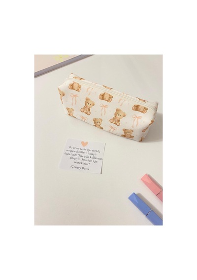 Ayıcık Desenli Kalemlik Pencil Case Teddy Bear Cute Kawaii Kalem Kutusu Soft Pouch Makeup Bag Bej Bej
