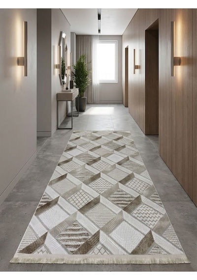 Krem Bej Saçaklı Modern Yıkanabilir Kabartmalı Kaymaz Taban Kesme Halı Yolluk Yeşil