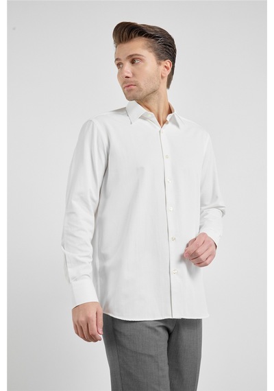 İmza Krem Sert Yaka Uzun Kol Cepsiz Comfort Fit Pamuklu Gömlek 1004255914