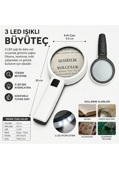 3 Ledli 10x95mm Işıklı Mercekli El Büyüteci Okuma Tamir Kitap Çalışma İçin Işıklı Büyüteç Okul