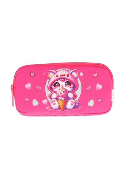 Kaukko Kids Fuşya, Dondurma Yiyen Kedi, Kız Çocuk Üç Gözlü Okul Kalem Çantası - L8250 Fuşya