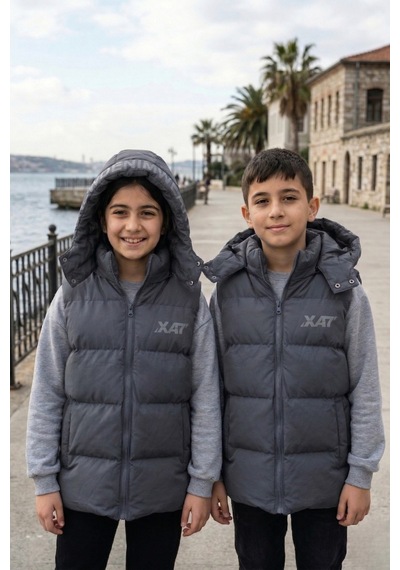 Pina Kids Unisex Çıtçıt Kapüşonlu Baskılı Şişme Yelek Füme