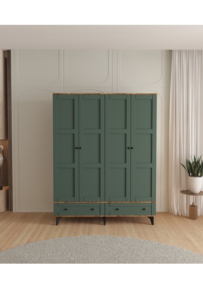 Toprak 4 Kapaklı Çekmeceli Gardırop - Tamamı Mdf Yeşil
